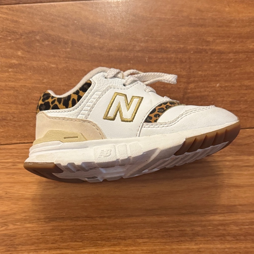 New Balance Kids White Sneakers with Leopard Print & Gold 'N'